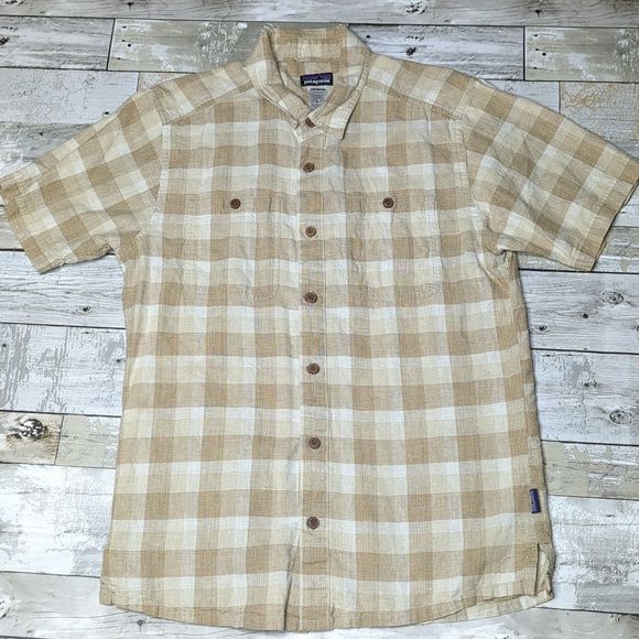 Patagonia hemp cotton blend tan plaid short sleeve button down collared shirt - Picture 1 of 8